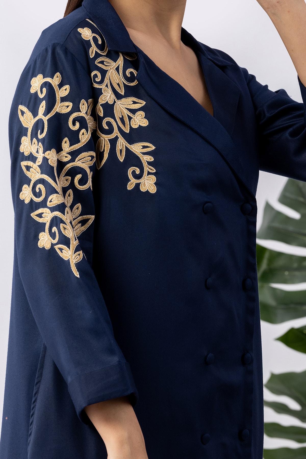 Embroidered navy blue tencel twill kurti for women with lapel collar and 3/4 sleeves
