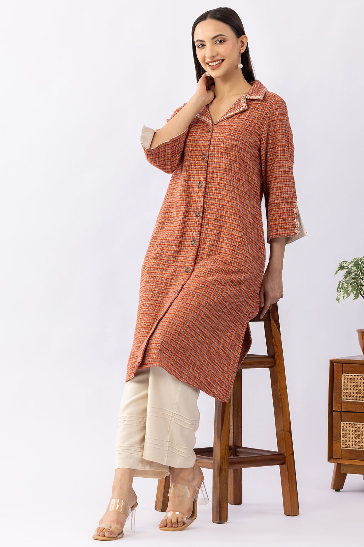 Brown checked viscose brushed twill kurti for women with lapel collar and 3/4 sleeves