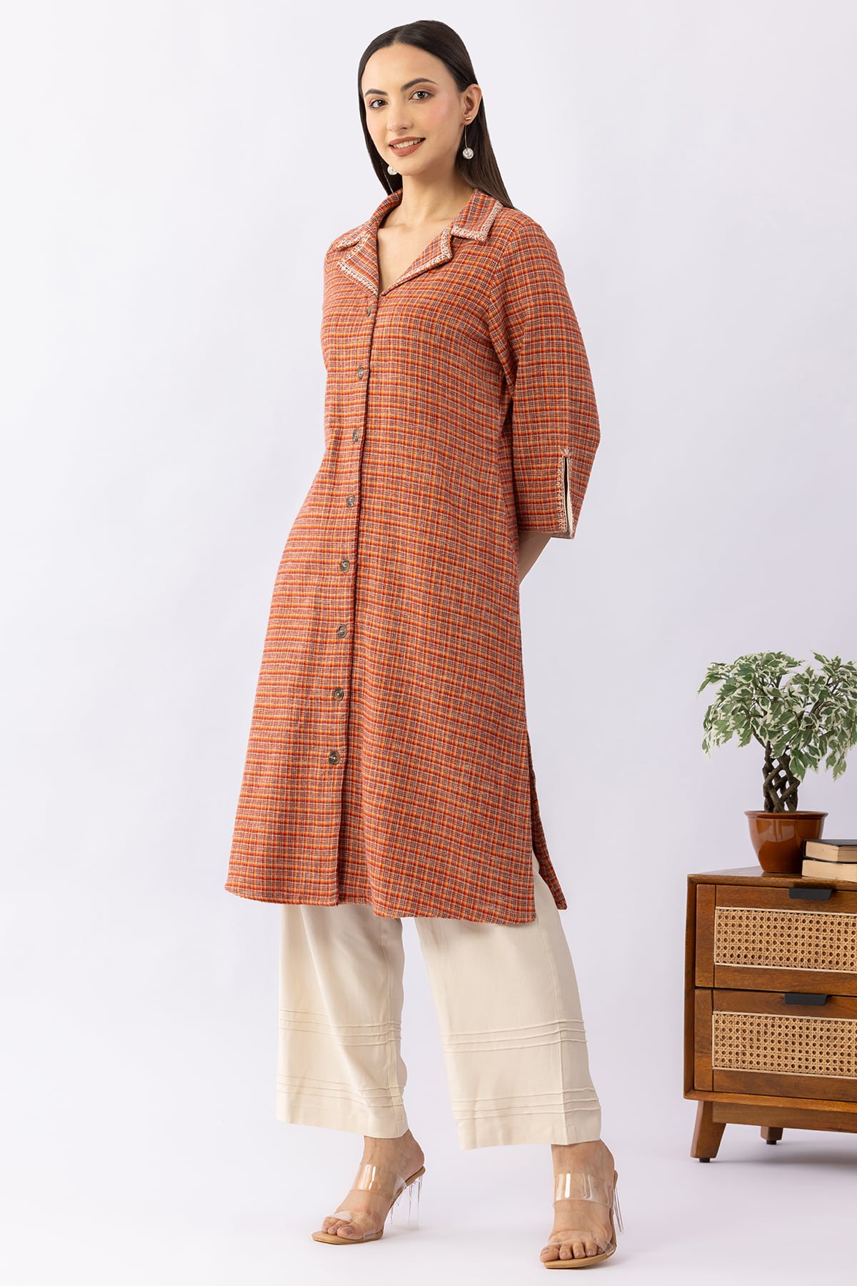 Brown checked viscose brushed twill kurti for women with lapel collar and 3/4 sleeves