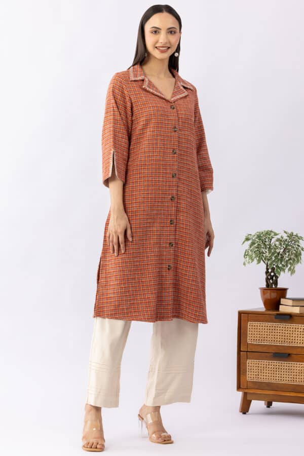 Brown checked viscose brushed twill kurti for women with lapel collar and 3/4 sleeves