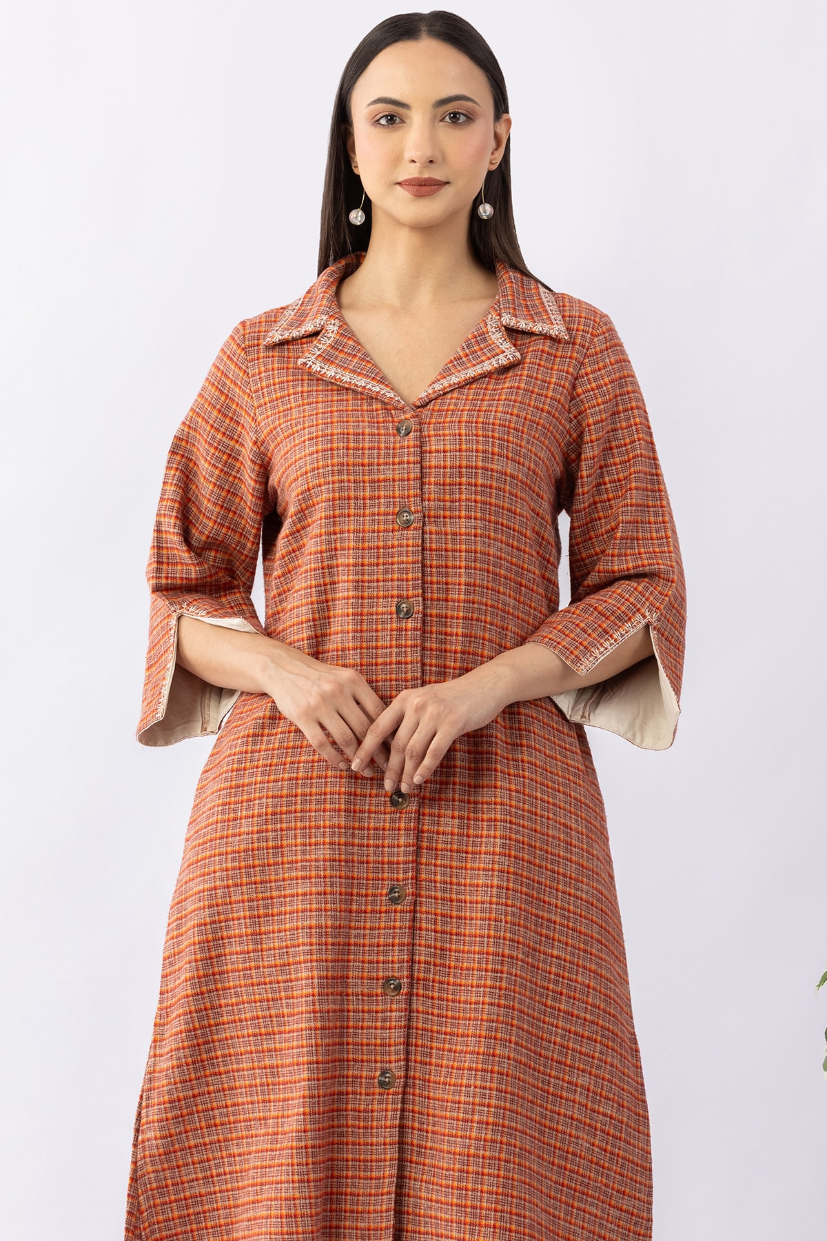 Brown checked viscose brushed twill kurti for women with lapel collar and 3/4 sleeves