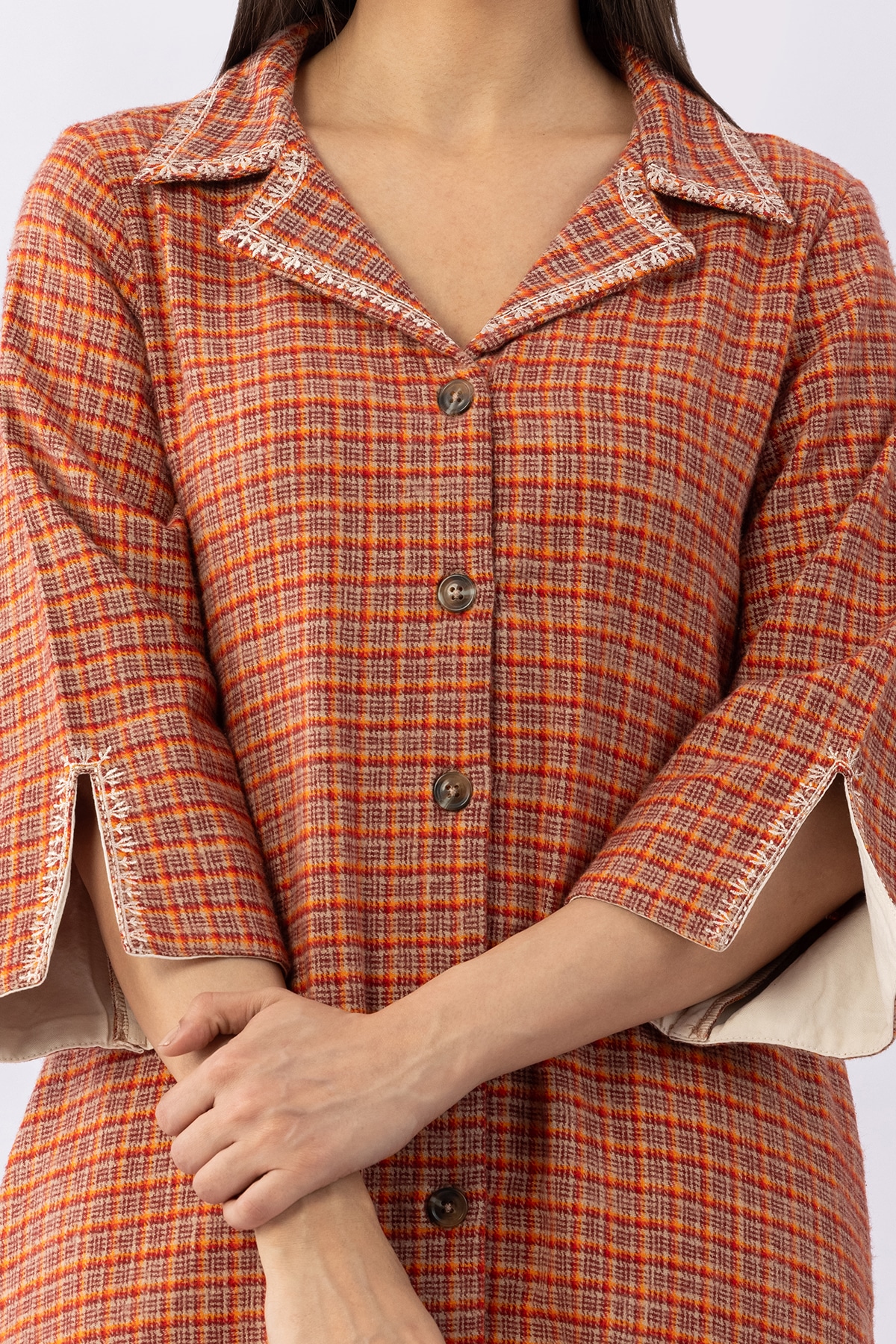 Brown checked viscose brushed twill kurti for women with lapel collar and 3/4 sleeves