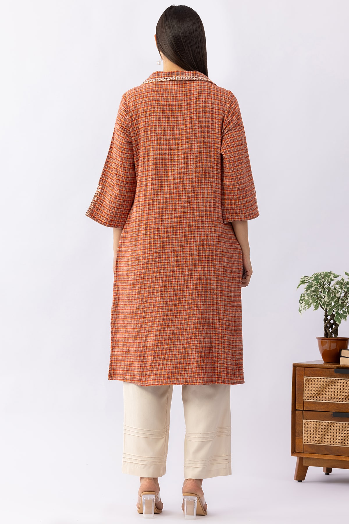 Brown checked viscose brushed twill kurti for women with lapel collar and 3/4 sleeves