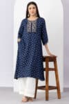 Embroidered navy blue viscose modal kurti for women with round neck and 3/4 sleeves