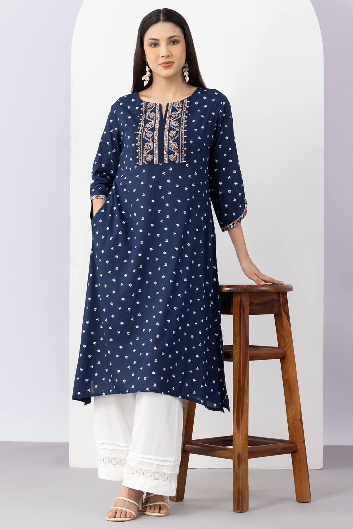 Embroidered navy blue viscose modal kurti for women with round neck and 3/4 sleeves