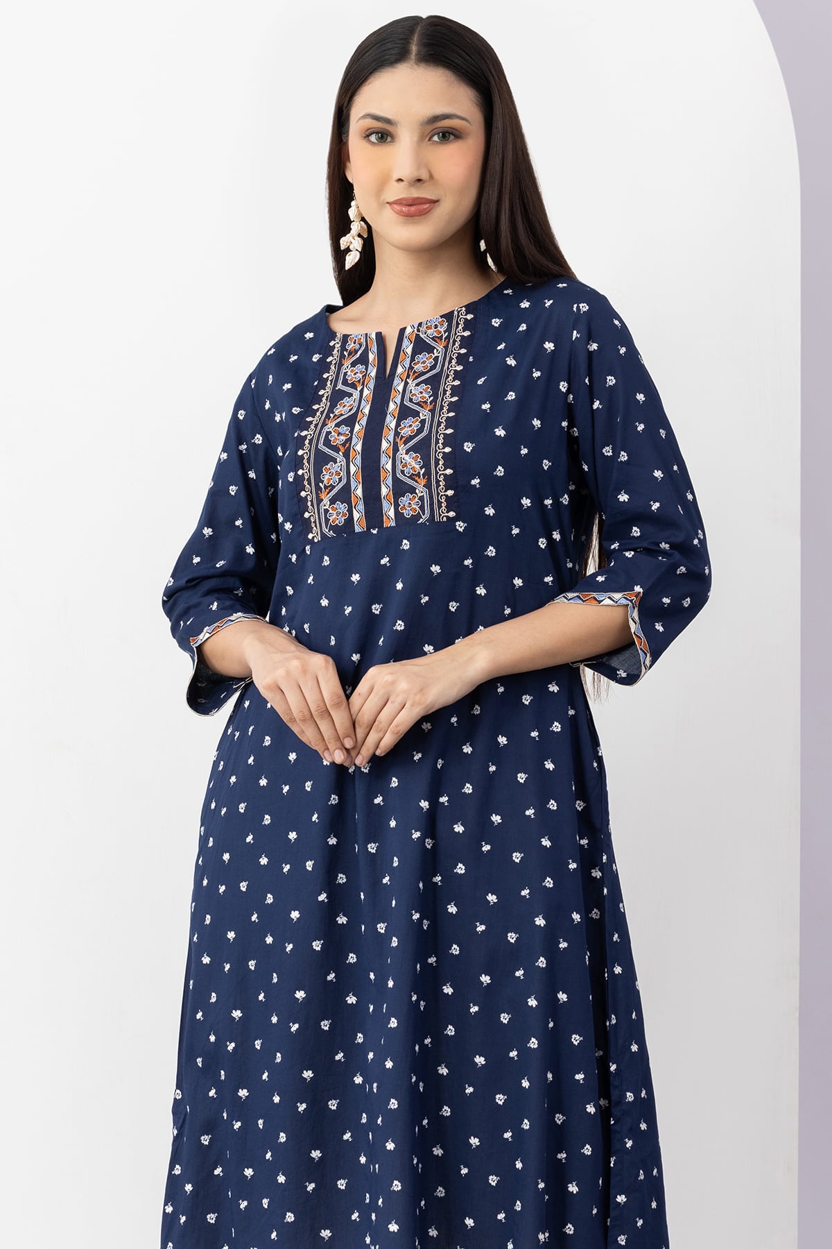 Embroidered navy blue viscose modal kurti for women with round neck and 3/4 sleeves