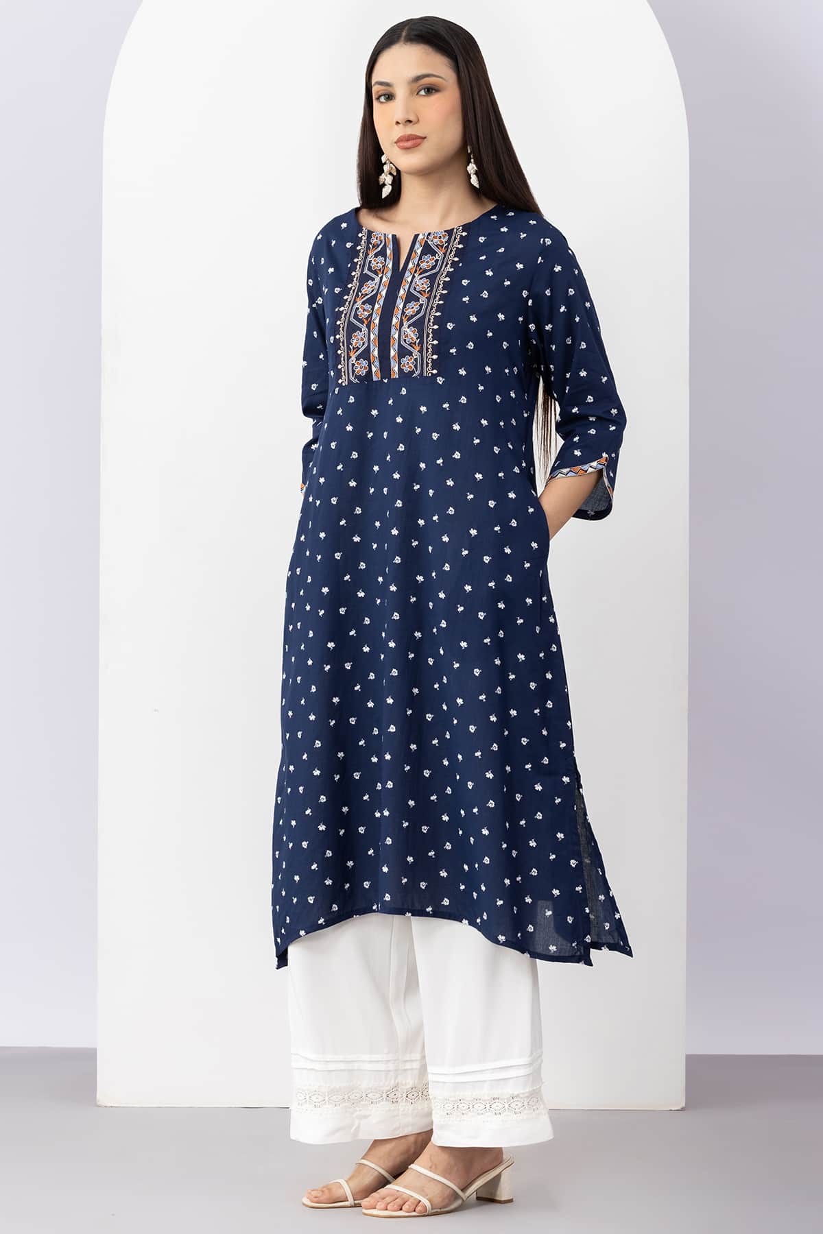 Embroidered navy blue viscose modal kurti for women with round neck and 3/4 sleeves
