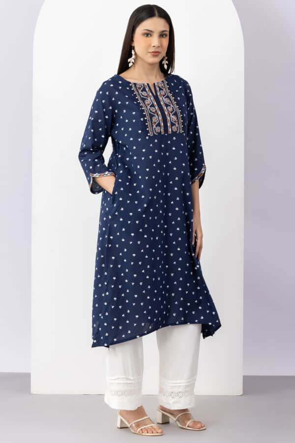 Embroidered navy blue viscose modal kurti for women with round neck and 3/4 sleeves