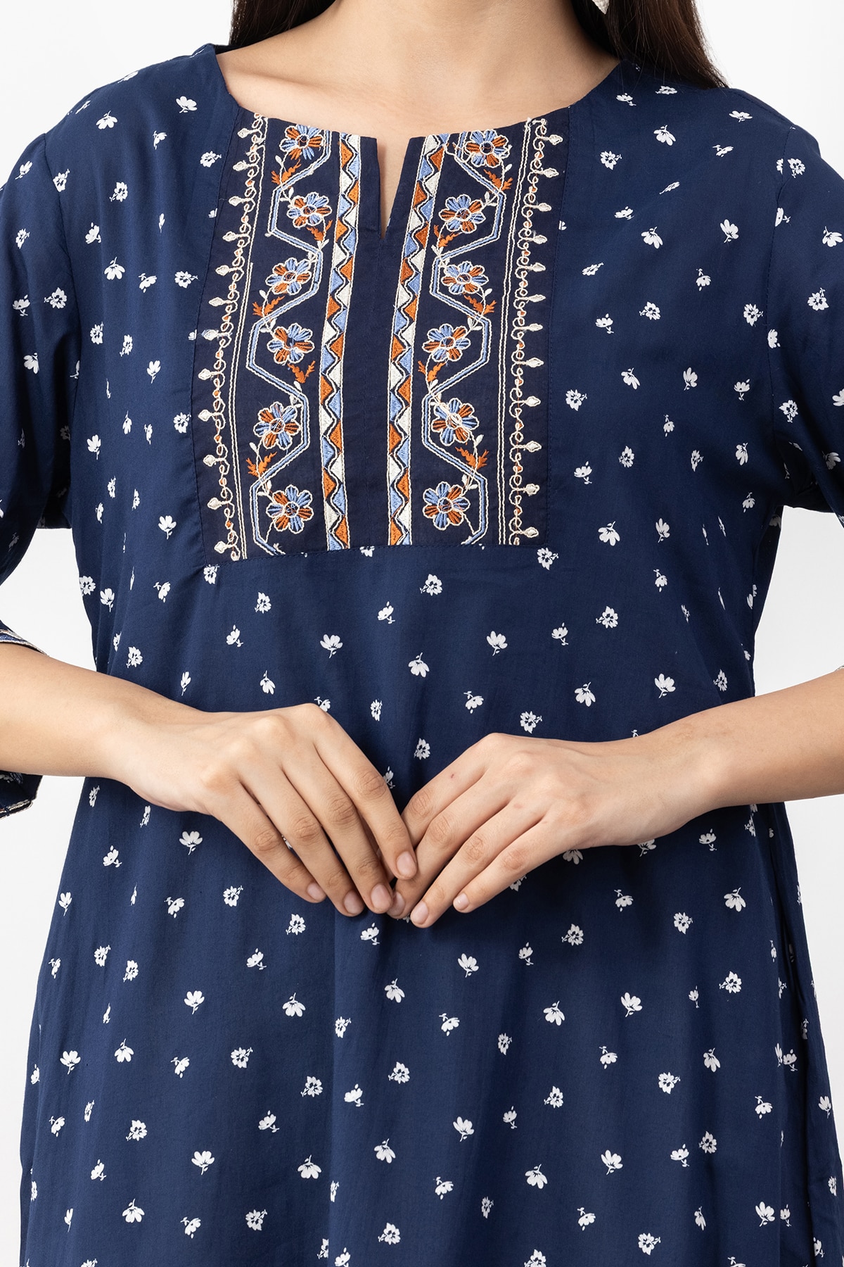 Embroidered navy blue viscose modal kurti for women with round neck and 3/4 sleeves