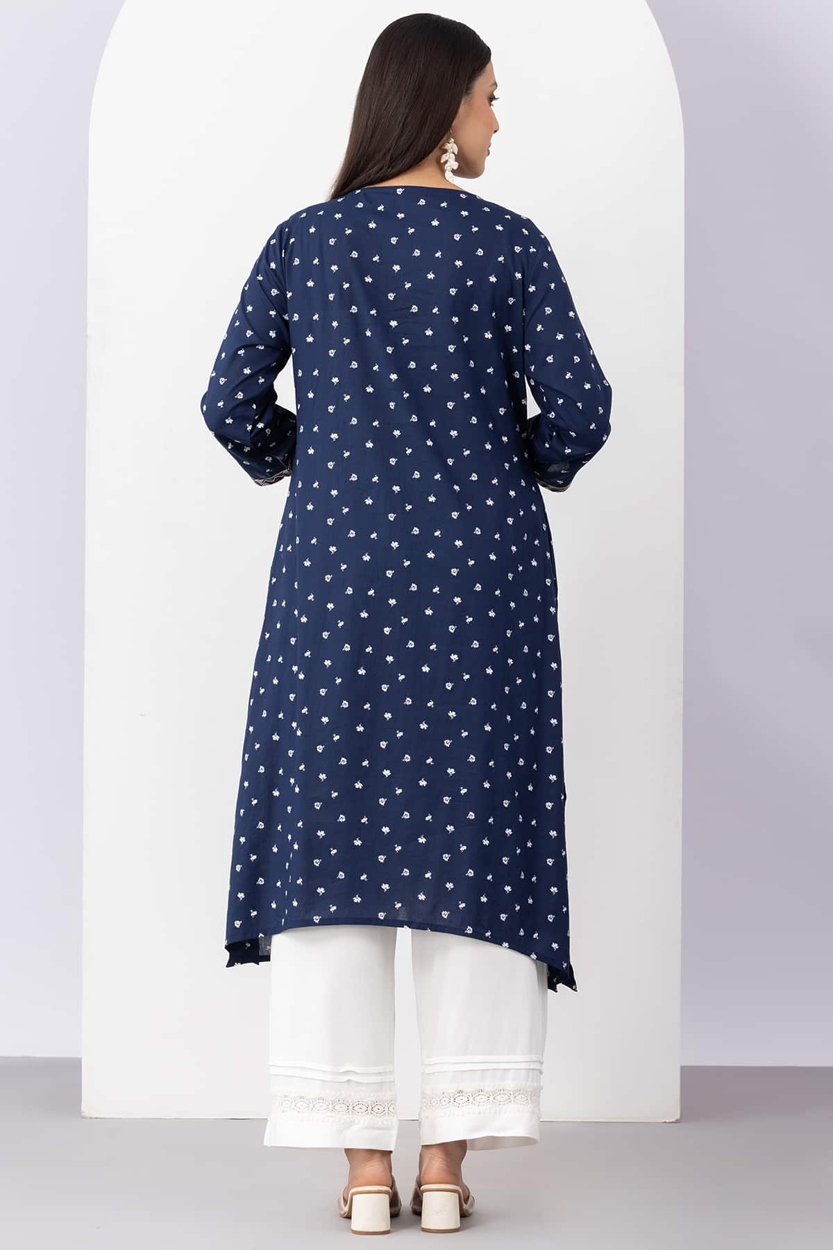 Embroidered navy blue viscose modal kurti for women with round neck and 3/4 sleeves