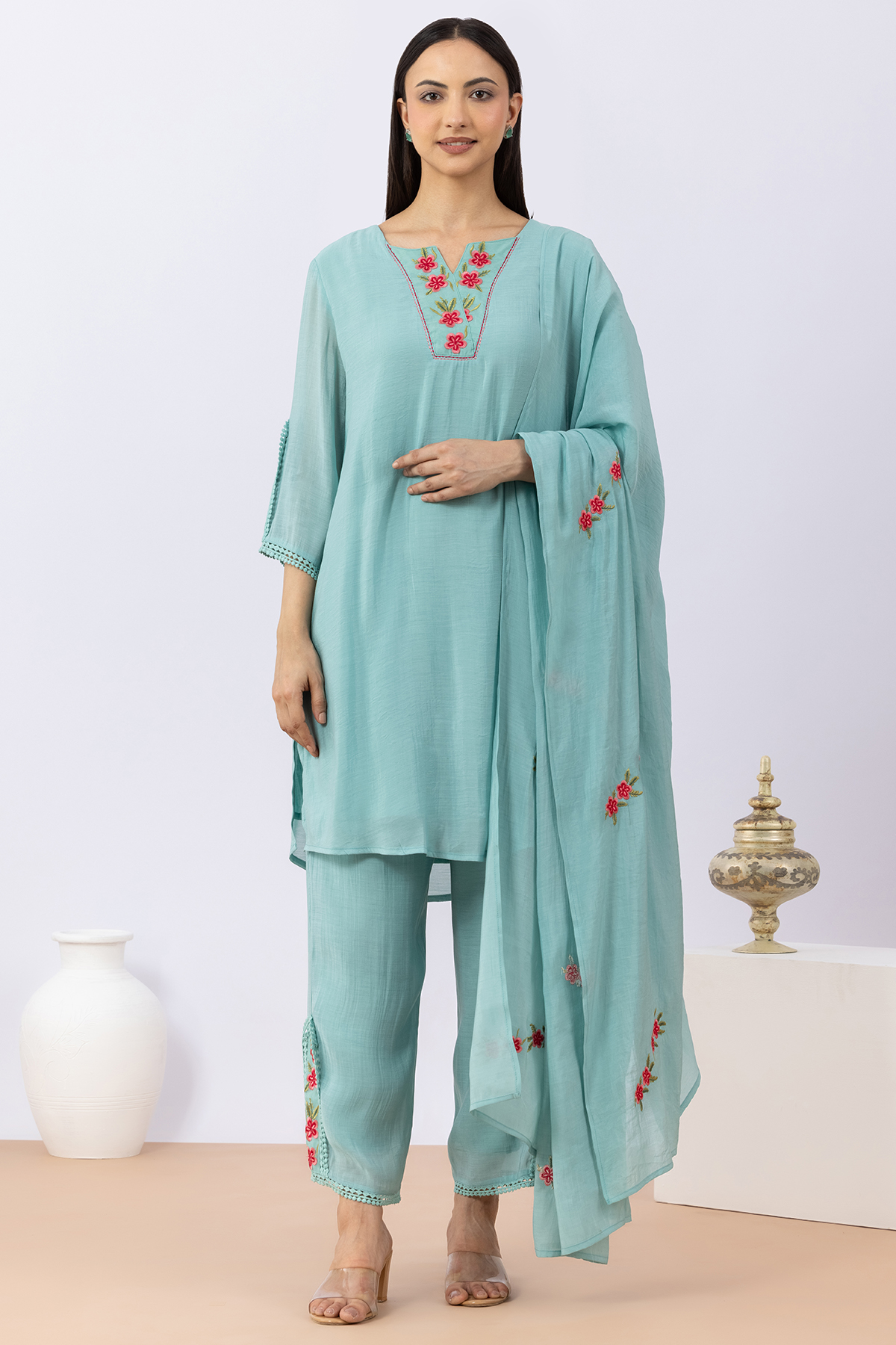 Embroidered Sea Green Chanderi Viscose Dupatta - Image 2