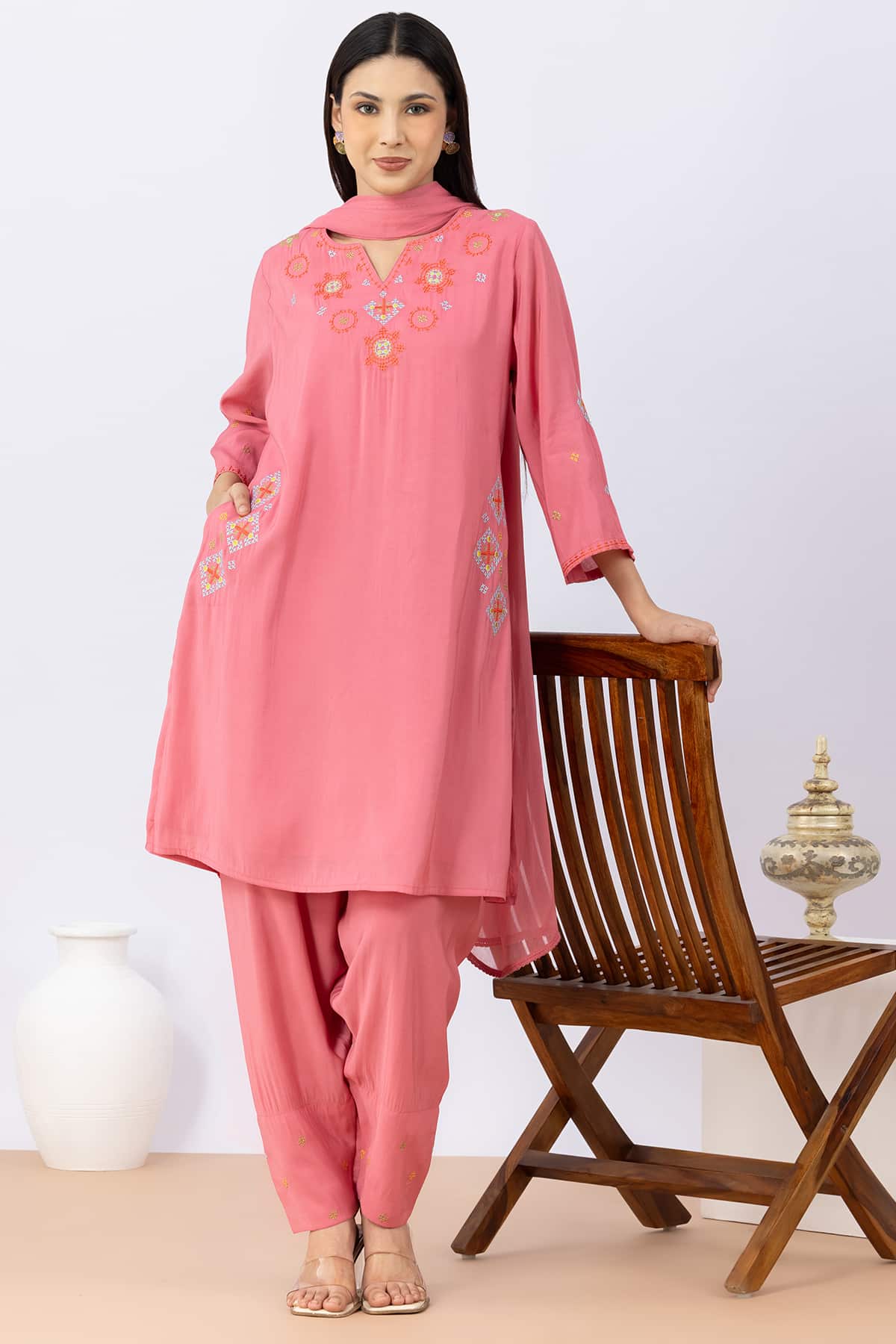 Pink Embroidered Kurta Set For Women