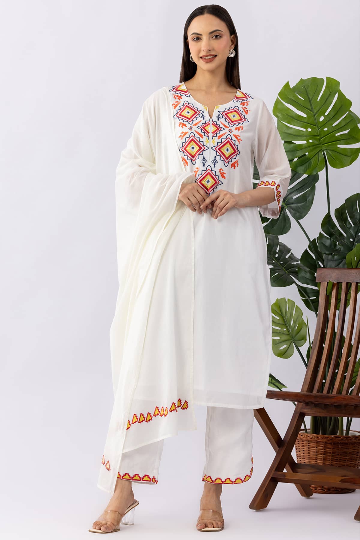 White Muslin Nylon Viscose Kurta Set
