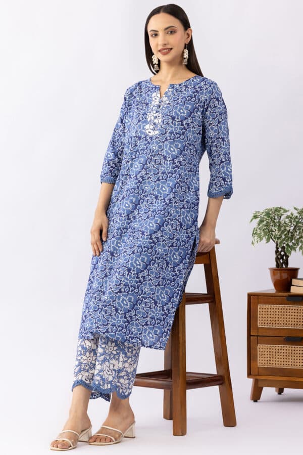 Printed Navy Blue Cotton Kurti For Women