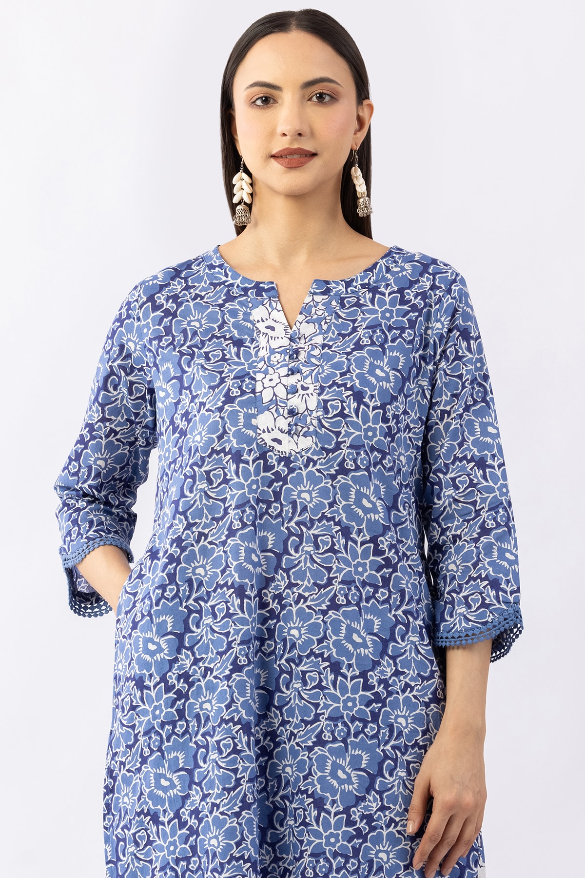 Printed Navy Blue Cotton Kurti For Women