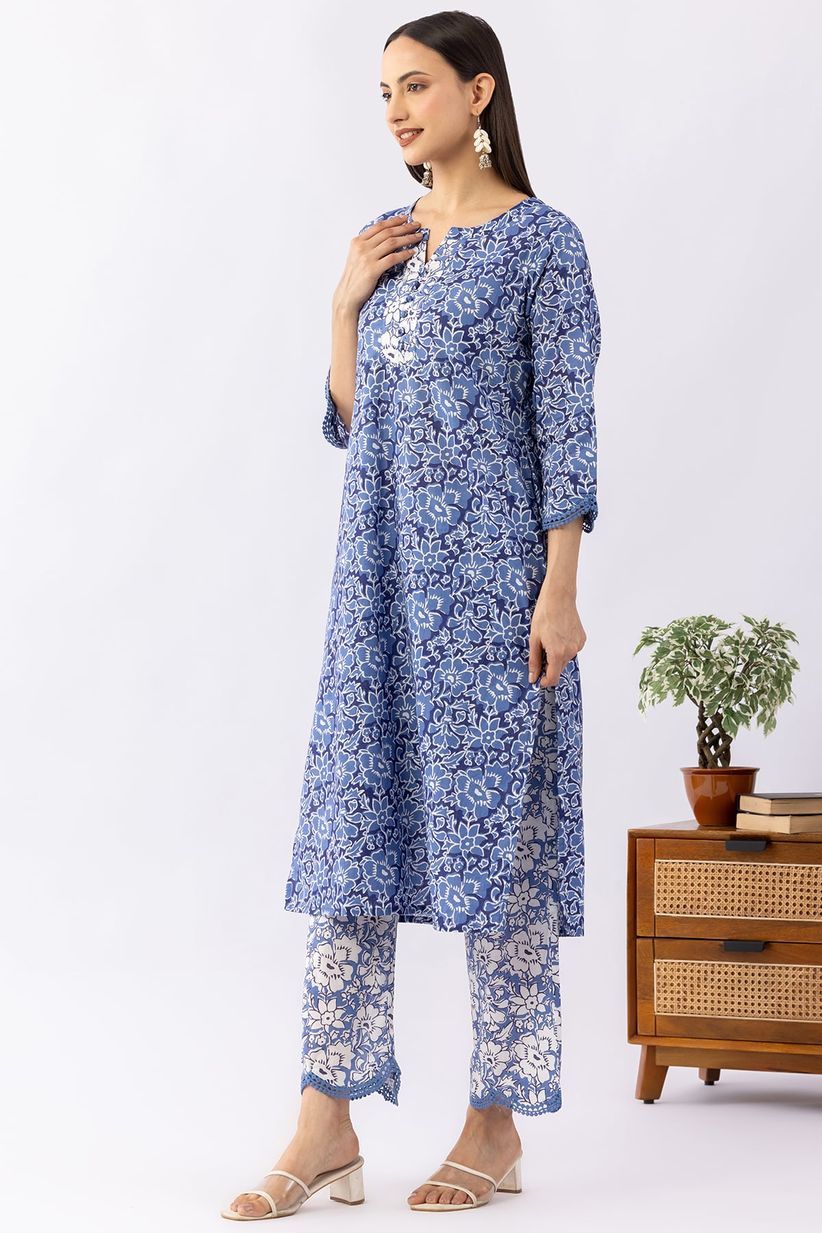 Printed Navy Blue Cotton Kurti For Women