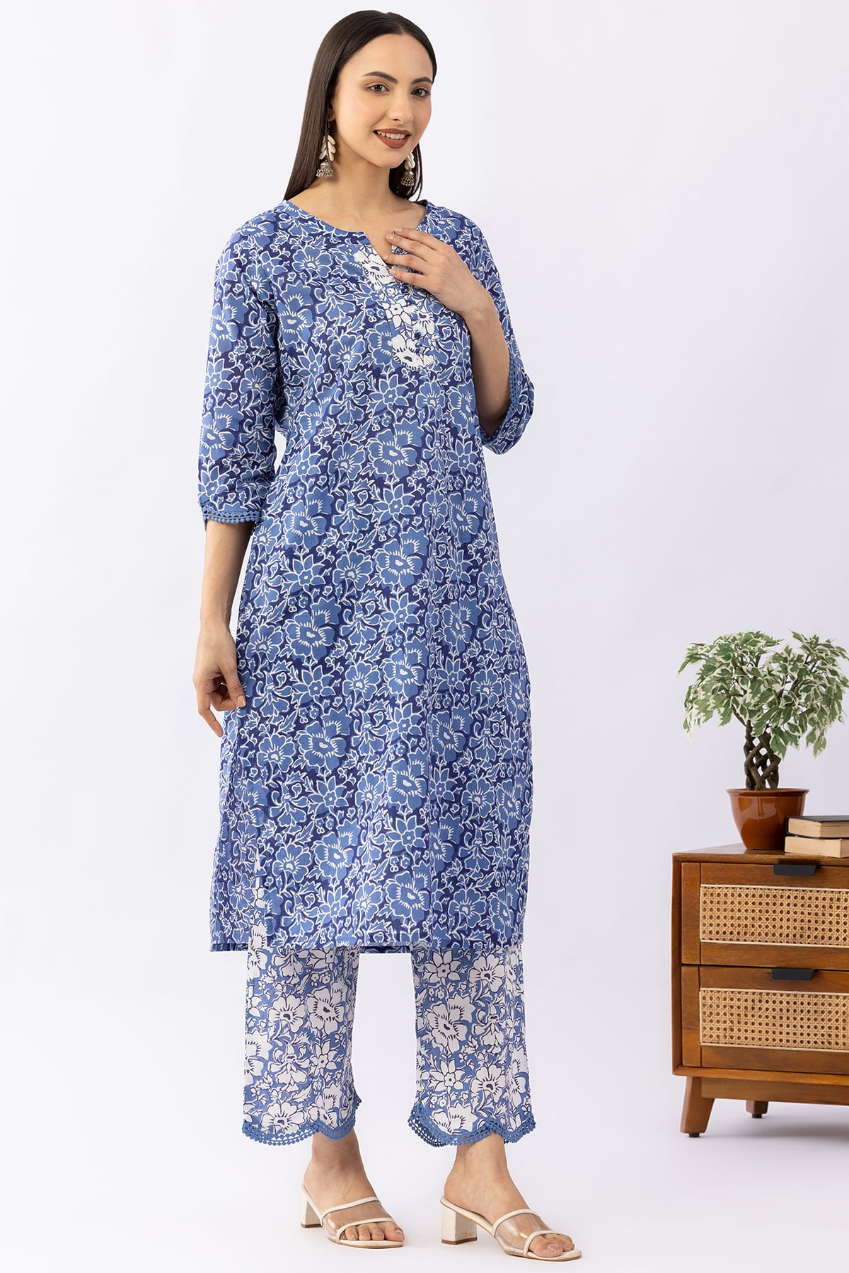 Printed Navy Blue Cotton Kurti For Women