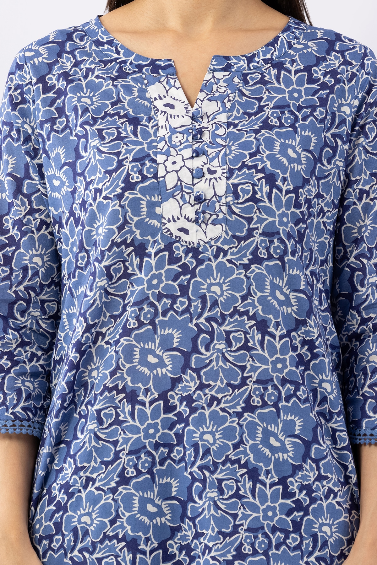 Printed Navy Blue Cotton Kurti For Women