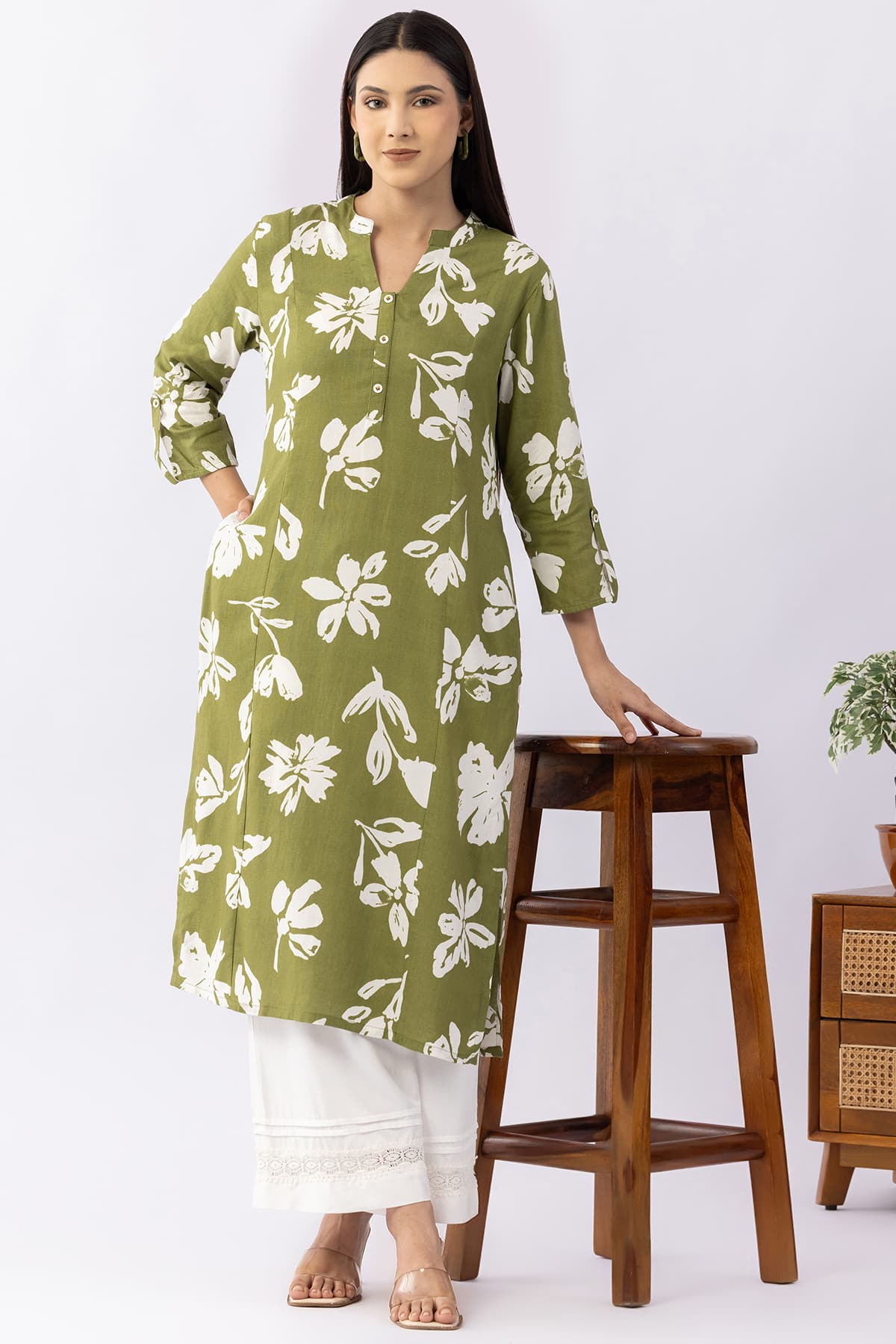 Printed olive viscose linen mandarin collar kurti for women with 3/4 sleeves