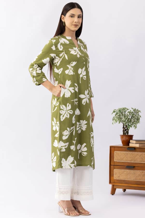 Printed olive viscose linen mandarin collar kurti for women with 3/4 sleeves