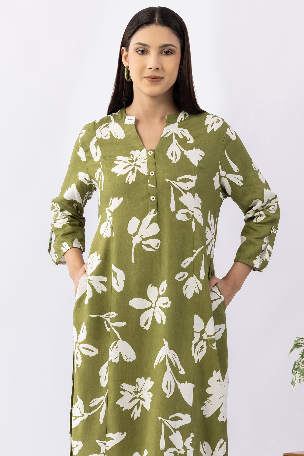 Printed olive viscose linen mandarin collar kurti for women with 3/4 sleeves