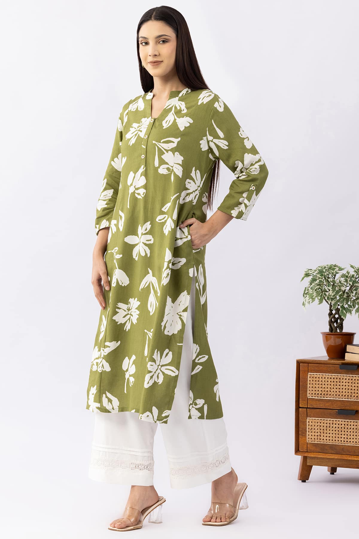 Printed olive viscose linen mandarin collar kurti for women with 3/4 sleeves