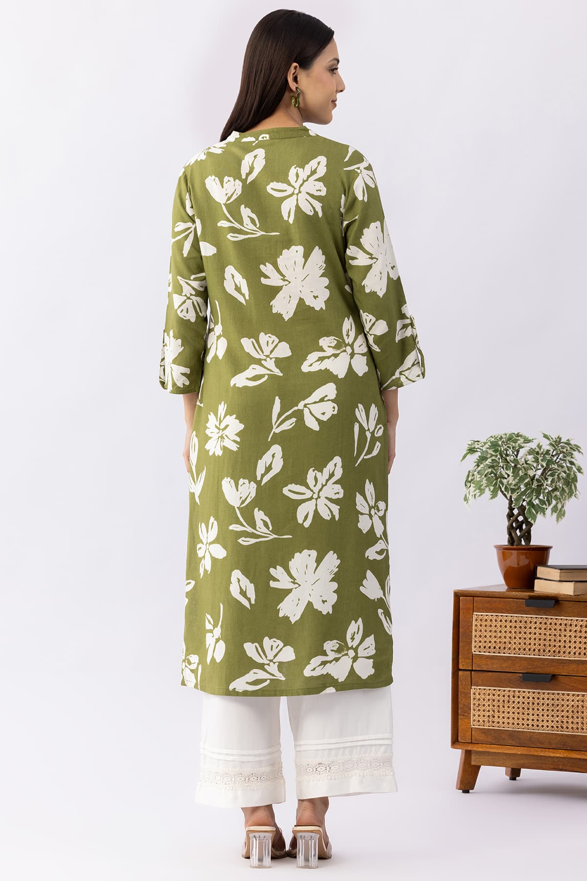 Printed olive viscose linen mandarin collar kurti for women with 3/4 sleeves