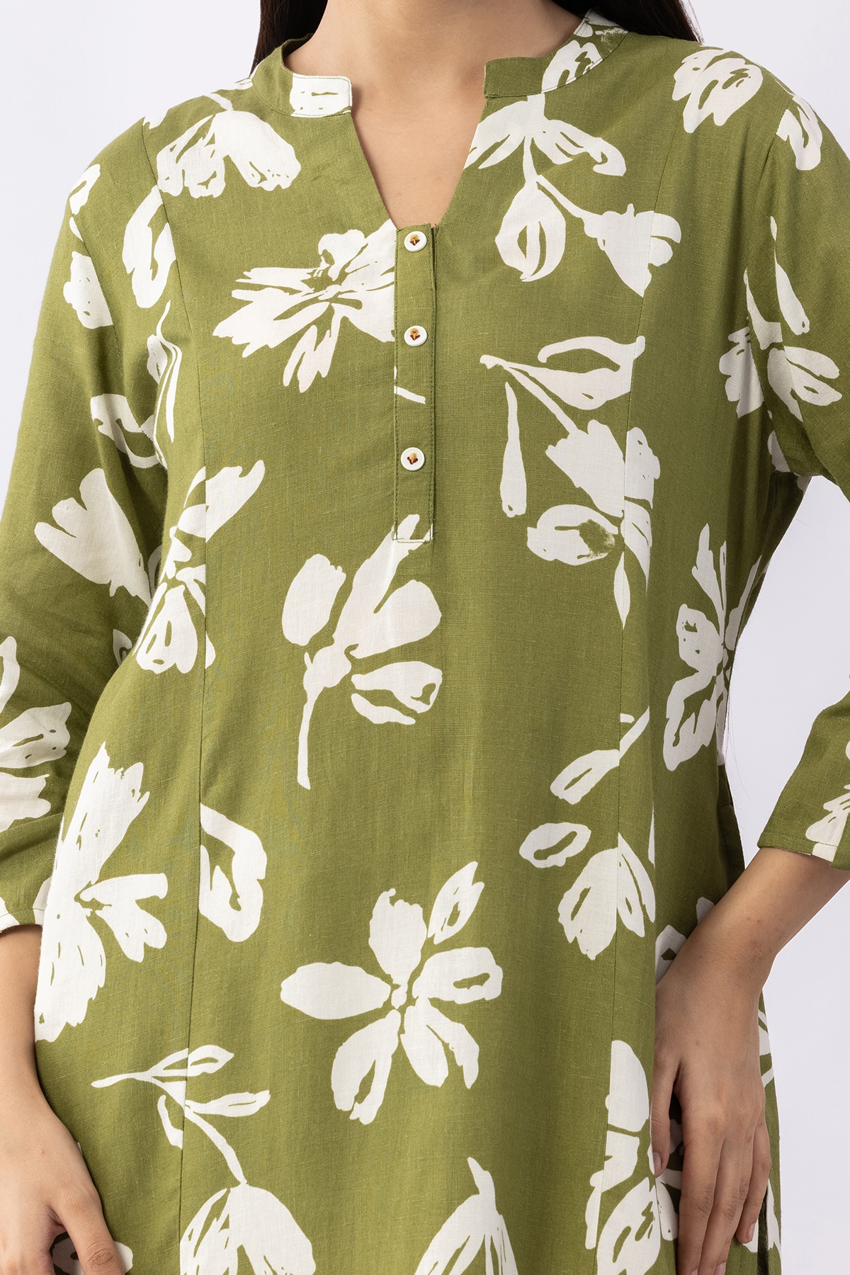 Printed olive viscose linen mandarin collar kurti for women with 3/4 sleeves