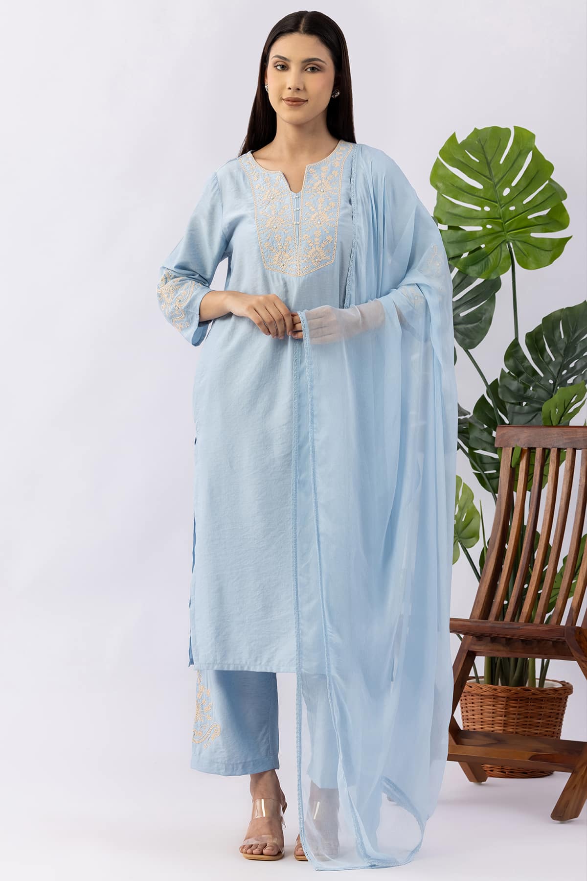 Solid Sky Blue Chiffon Viscose Dupatta - Image 2