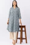 Printed blue viscose dobby kurti for women with collared neck and 3/4 sleeves