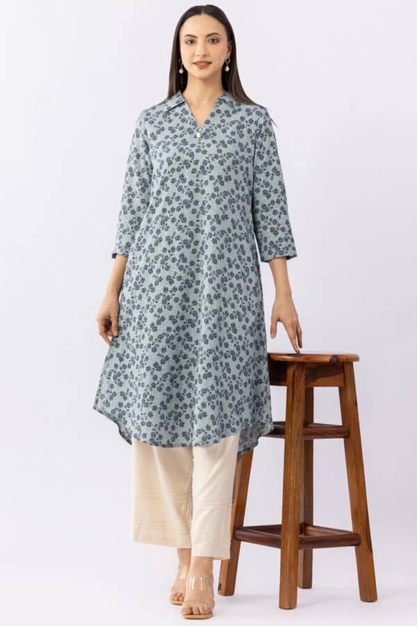 Printed blue viscose dobby kurti for women with collared neck and 3/4 sleeves