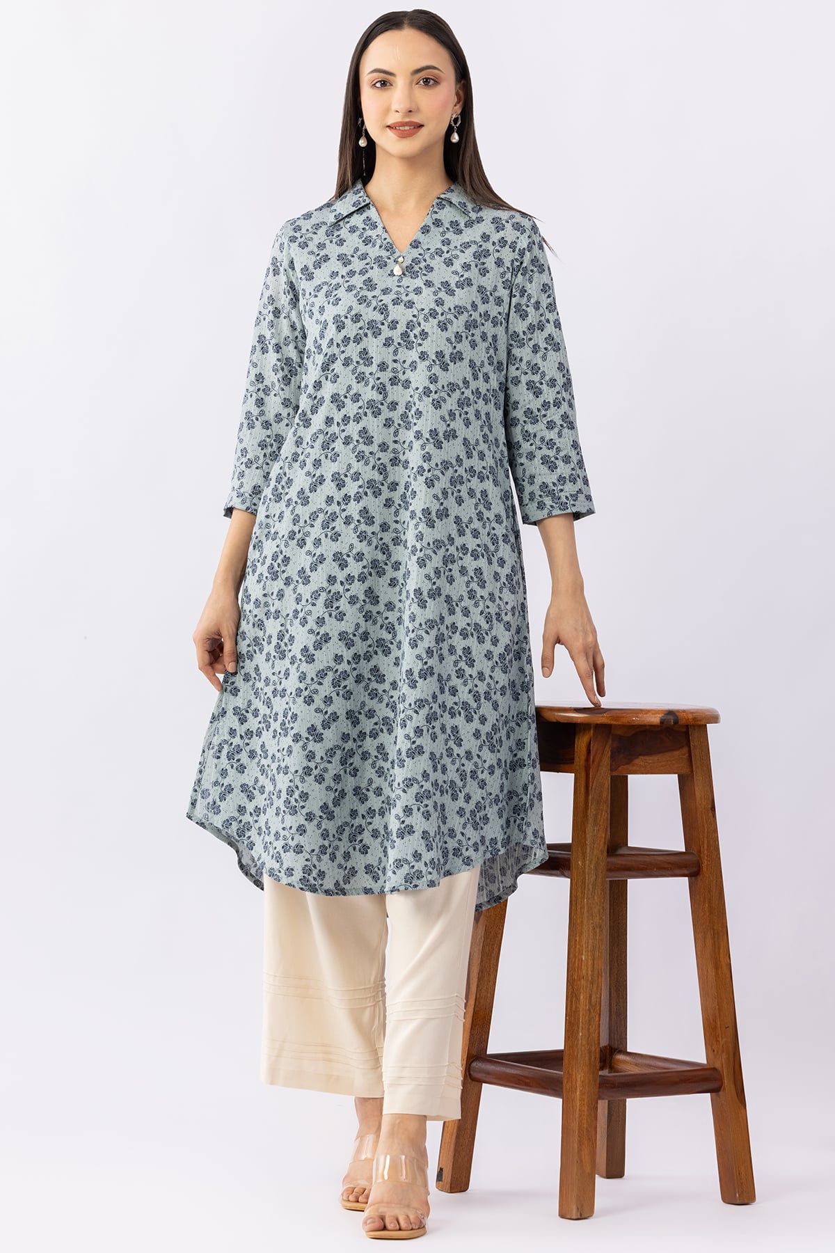 Printed blue viscose dobby kurti for women with collared neck and 3/4 sleeves