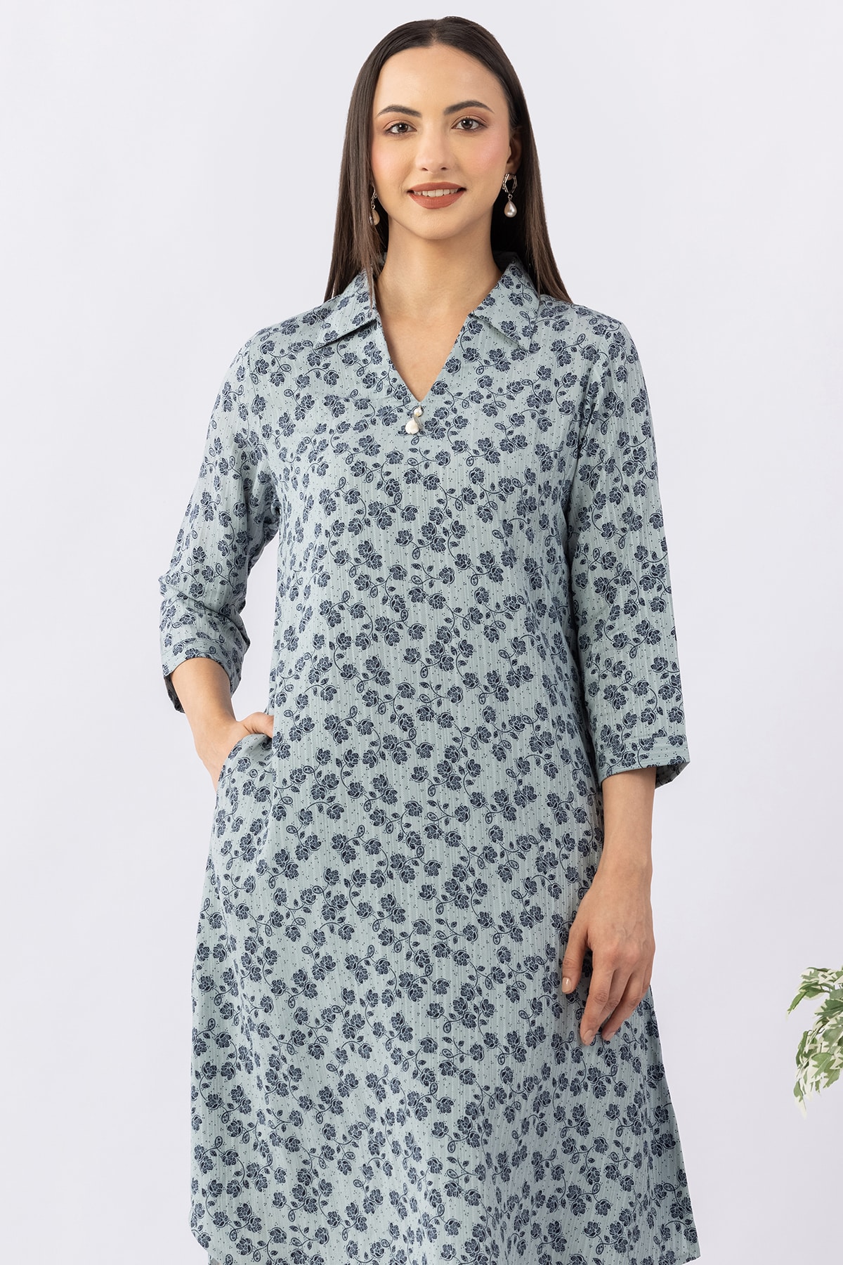 Printed blue viscose dobby kurti for women with collared neck and 3/4 sleeves
