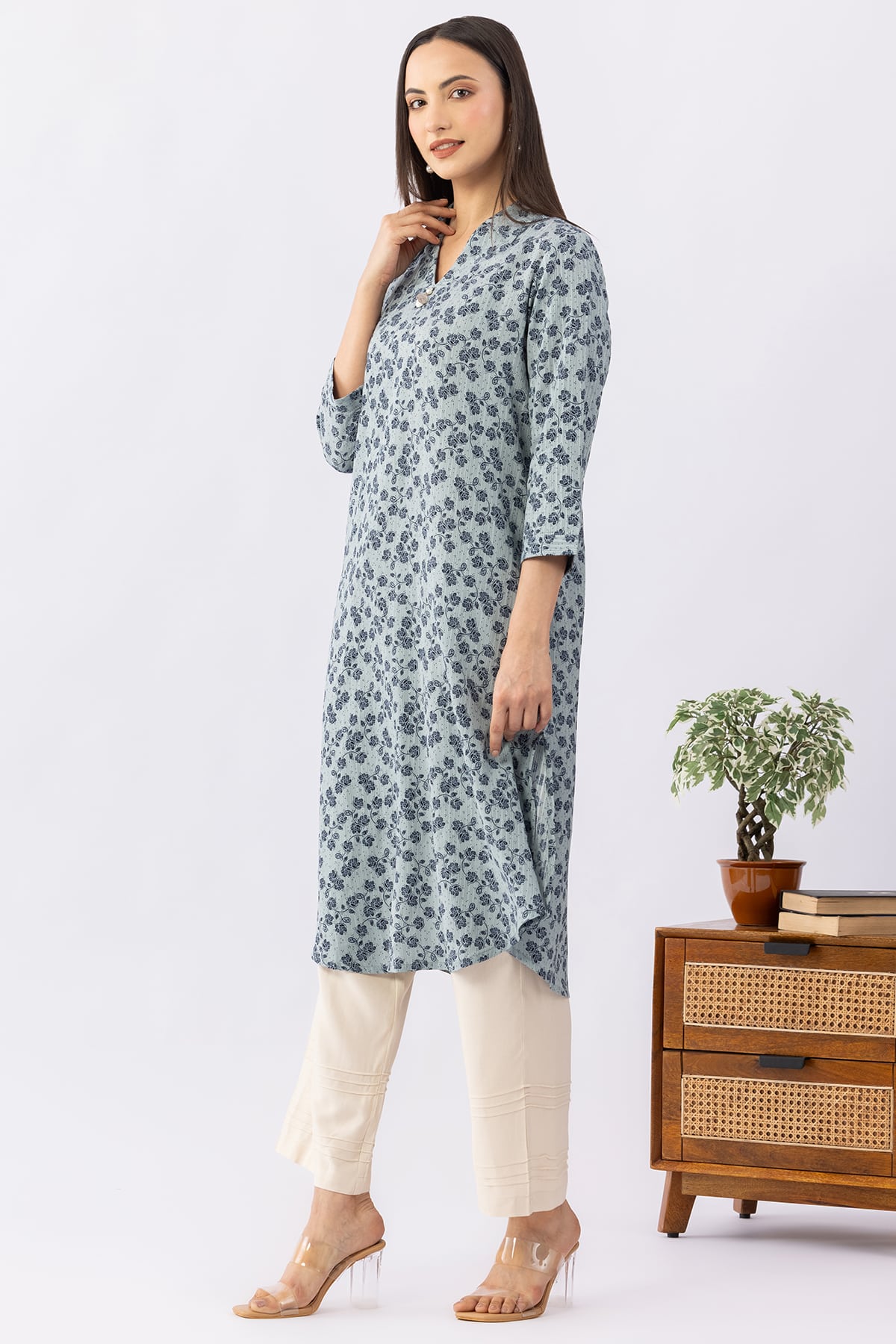 Printed blue viscose dobby kurti for women with collared neck and 3/4 sleeves