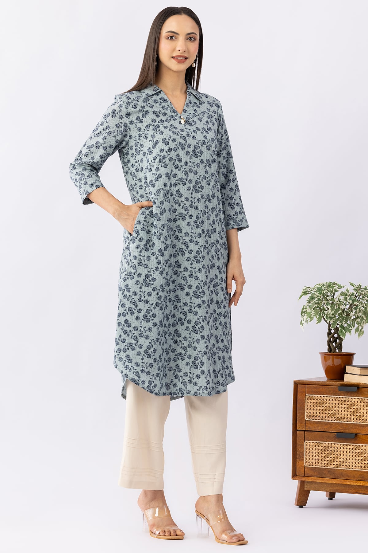 Printed blue viscose dobby kurti for women with collared neck and 3/4 sleeves