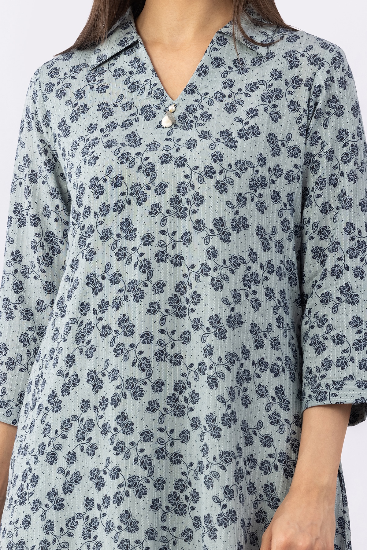 Printed blue viscose dobby kurti for women with collared neck and 3/4 sleeves