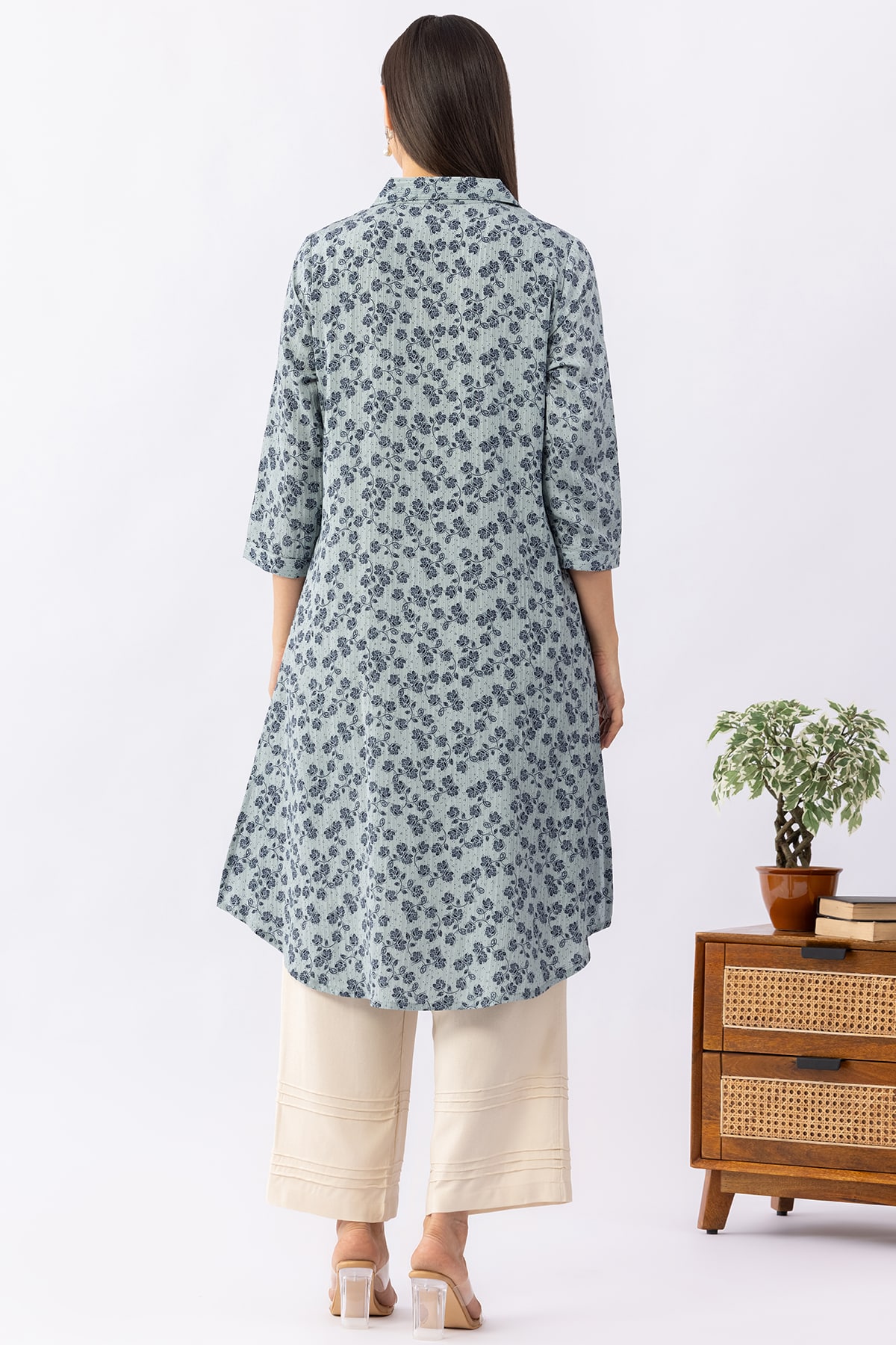 Printed blue viscose dobby kurti for women with collared neck and 3/4 sleeves