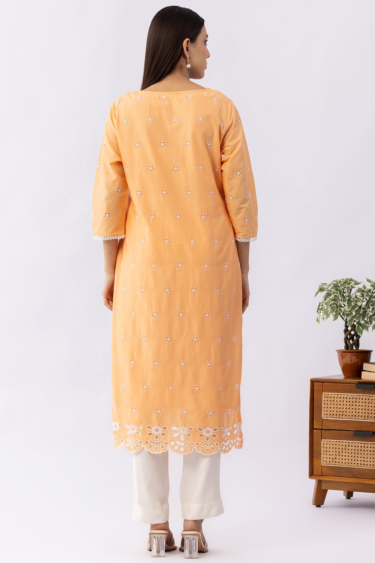 Peach schiffli cotton kurti for women with round neck and 3/4 sleeves