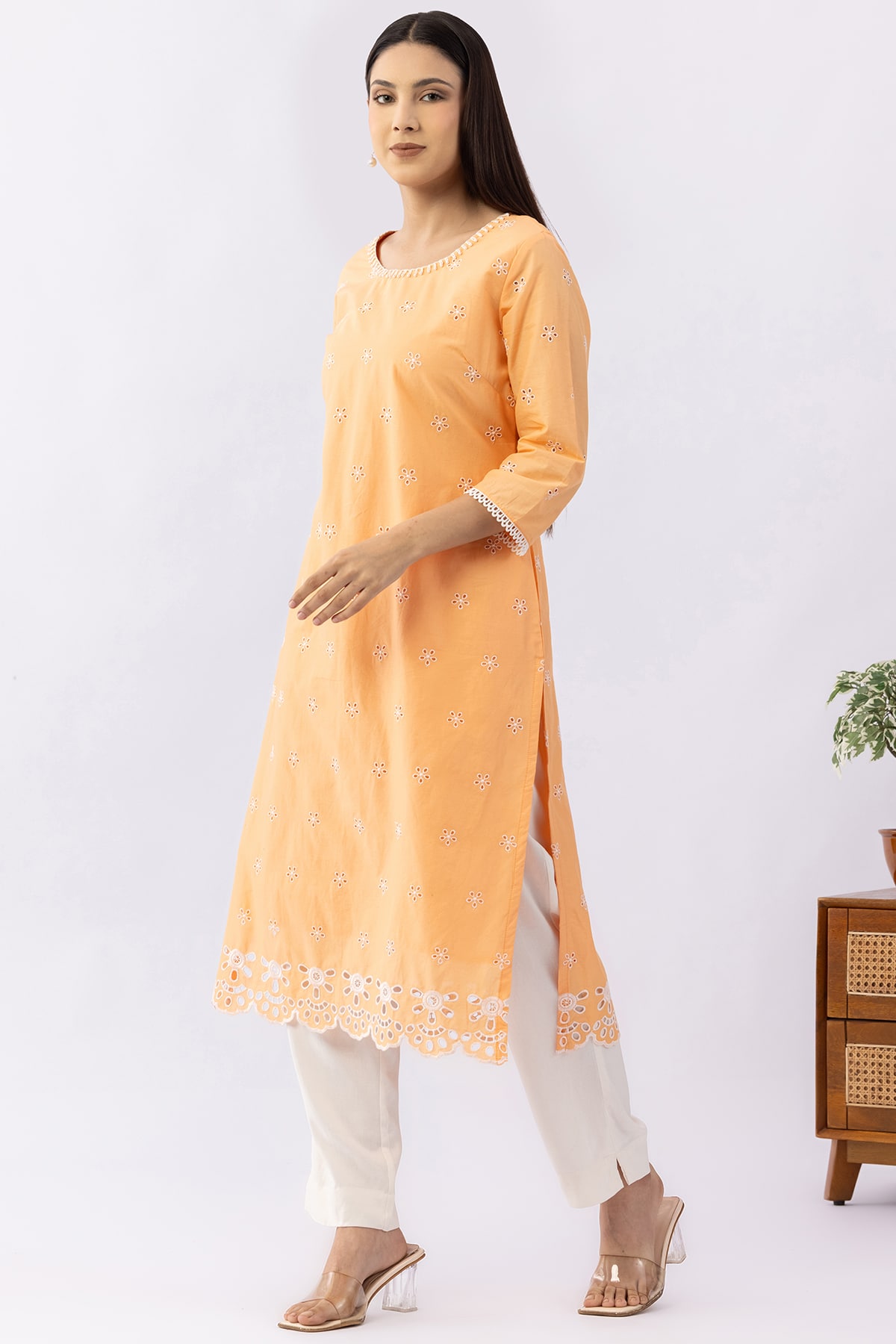 Peach schiffli cotton kurti for women with round neck and 3/4 sleeves