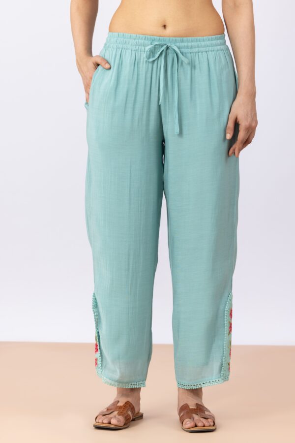 Sea Green Embroidered Chanderi Viscose Pants
