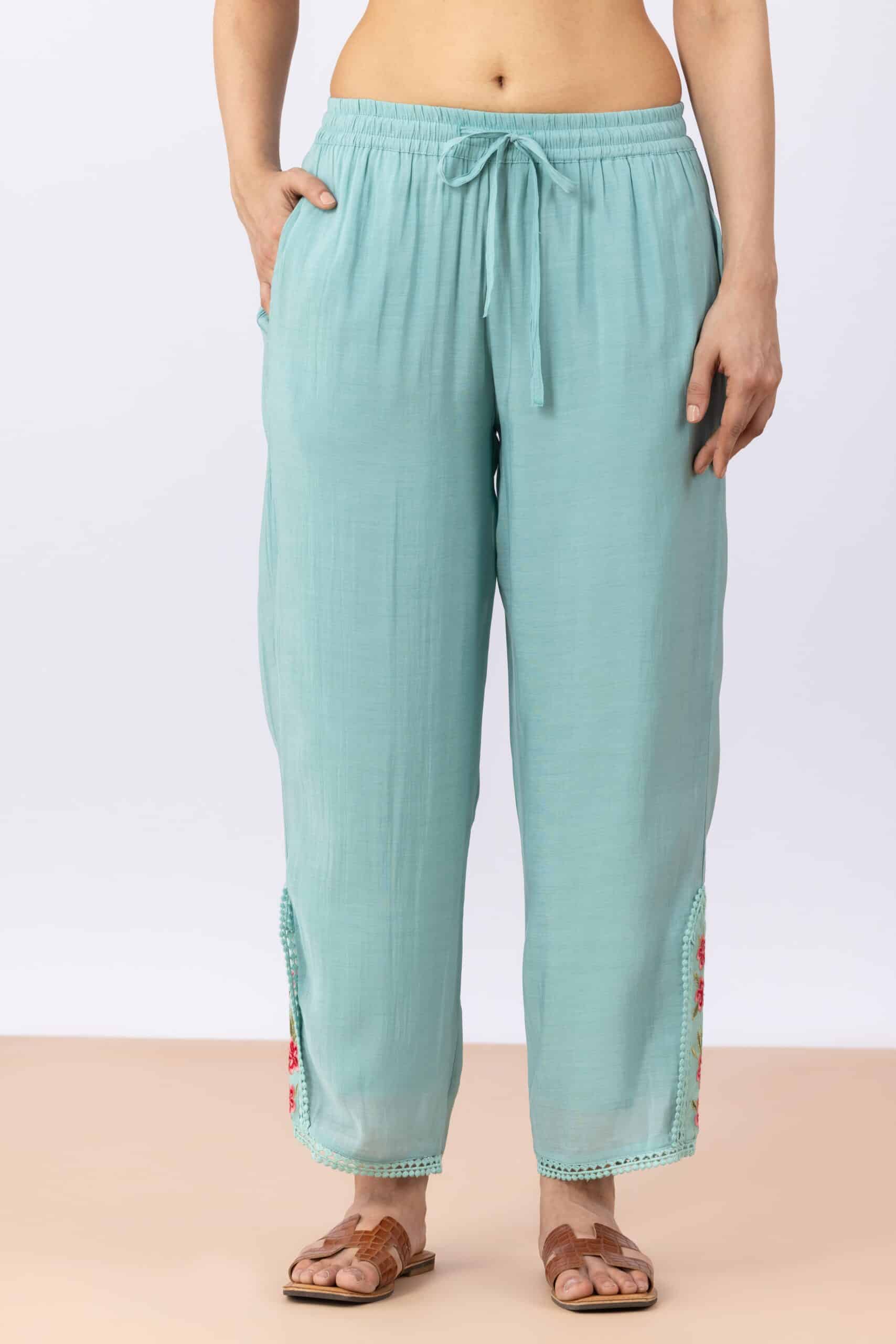 Sea Green Embroidered Chanderi Viscose Pants