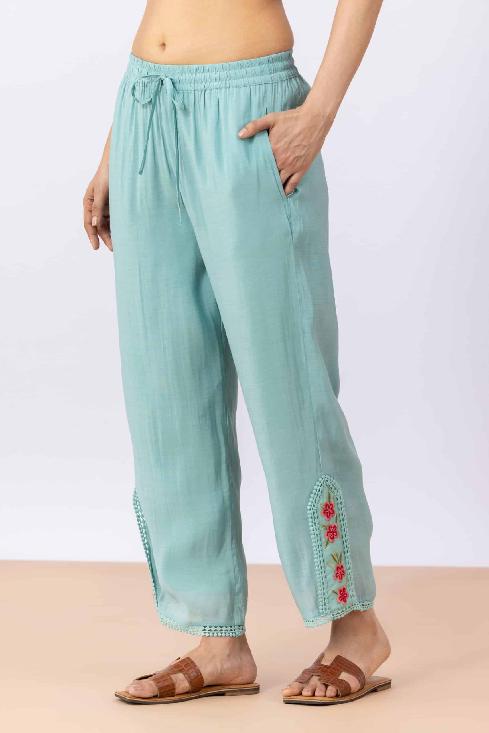 Sea green embroidered Chanderi viscose kurta pant set