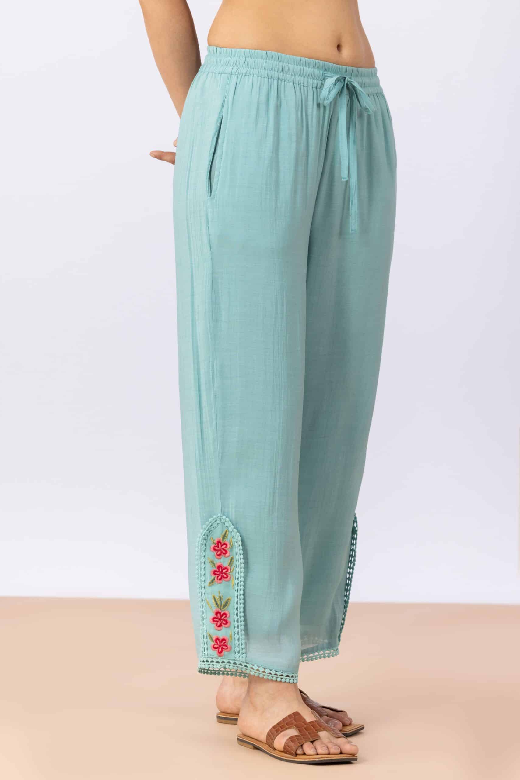 Sea green embroidered Chanderi viscose kurta pant set