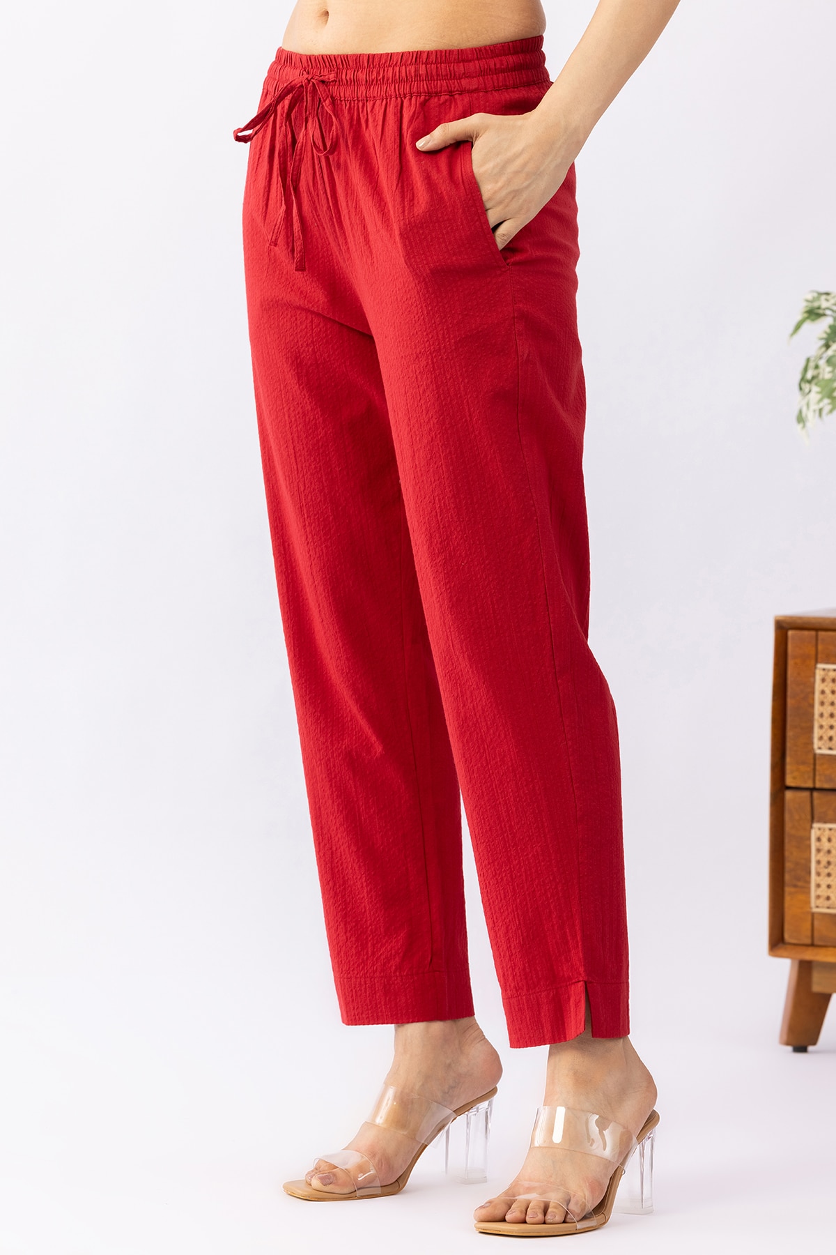 Red cotton palazzo for women regular fit solid design