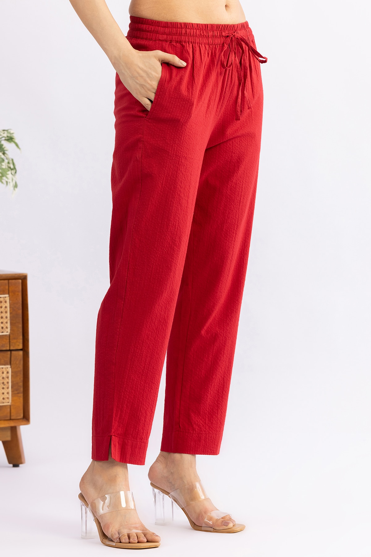 Red cotton palazzo for women regular fit solid design