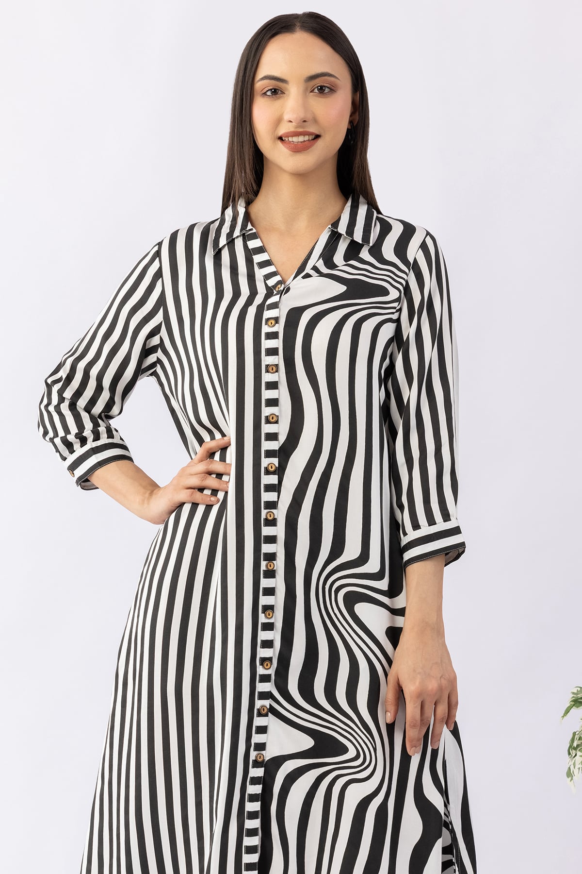 Black and white striped modal satin collar dress for ladies with 3/4 sleeves