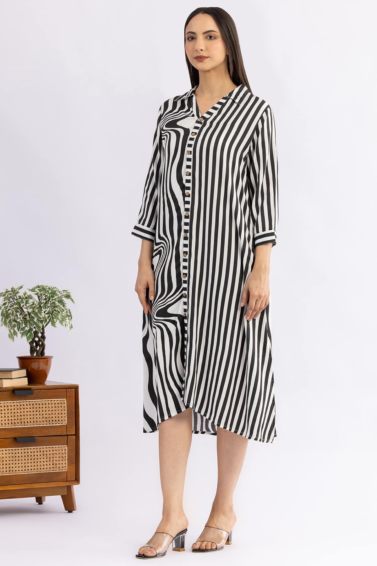 Black and white striped modal satin collar dress for ladies with 3/4 sleeves