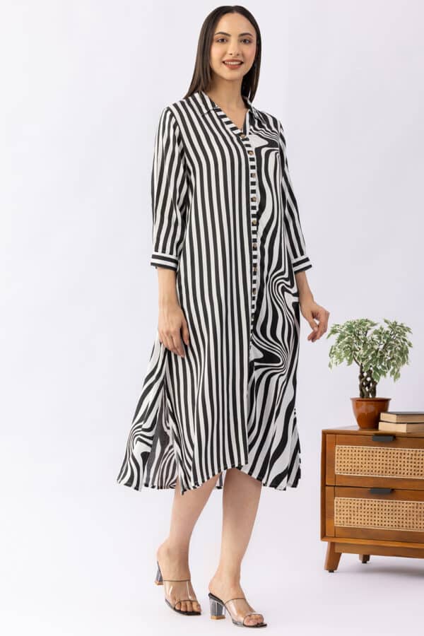 Black and white striped modal satin collar dress for ladies with 3/4 sleeves