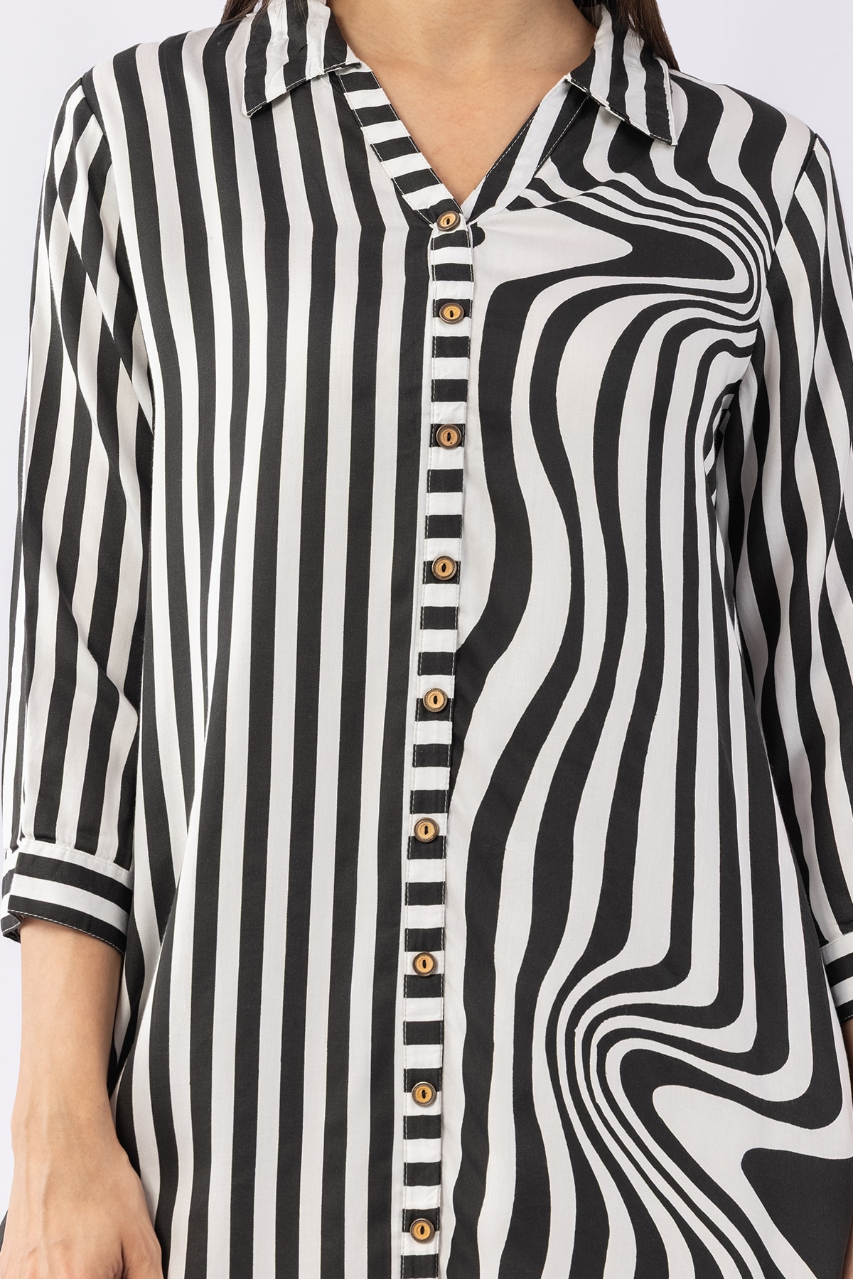 Black and white striped modal satin collar dress for ladies with 3/4 sleeves