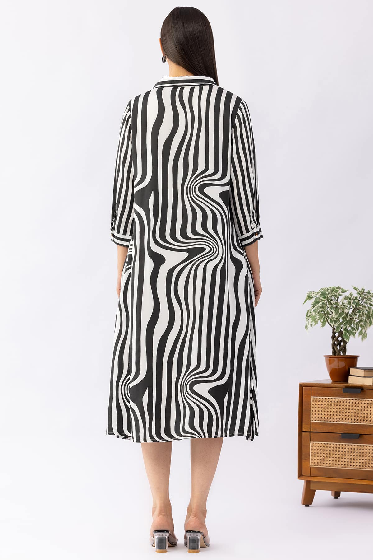 Black and white striped modal satin collar dress for ladies with 3/4 sleeves